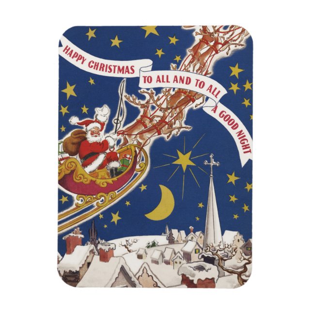 Vintage Christmas Santa Claus With Flying Reindeer Magnet (Vertical)