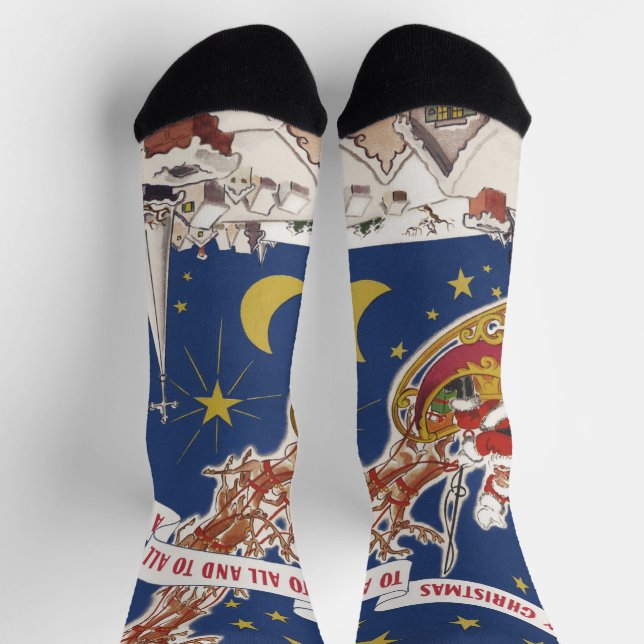 Vintage Christmas Santa Claus With Flying Reindeer Socks (Top)