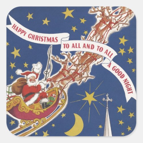 Vintage Christmas Santa Claus With Flying Reindeer Square Sticker