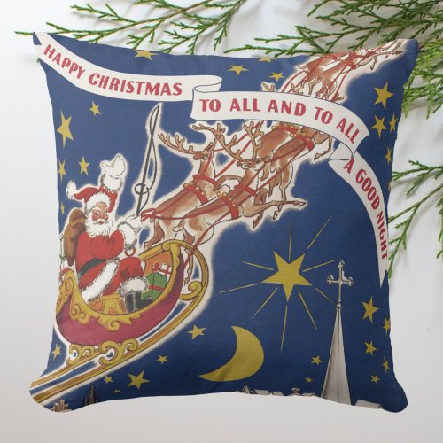 Vintage Christmas Santa Claus With Flying Reindeer Throw Pillow