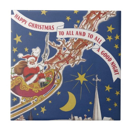 Vintage Christmas Santa Claus With Flying Reindeer Tile