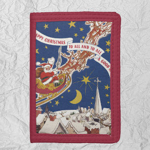 Vintage Christmas Santa Claus With Flying Reindeer Trifold Wallet