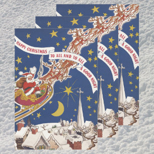 Vintage Christmas Santa Claus With Flying Reindeer Wrapping Paper Sheets