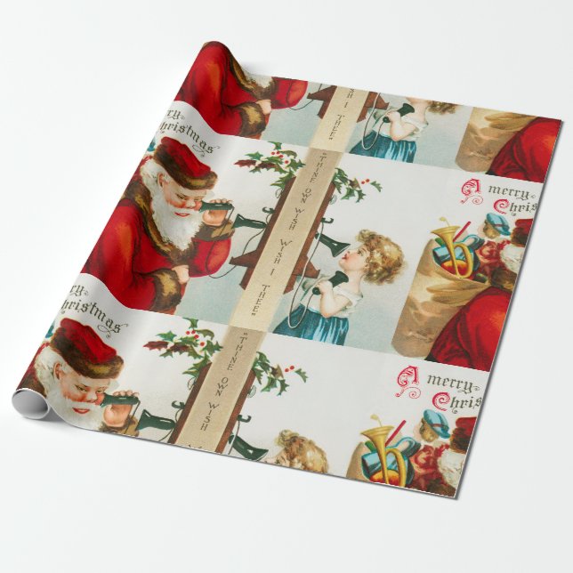 Vintage Christmas Santa Claus with Girl Wrapping Paper (Unrolled)