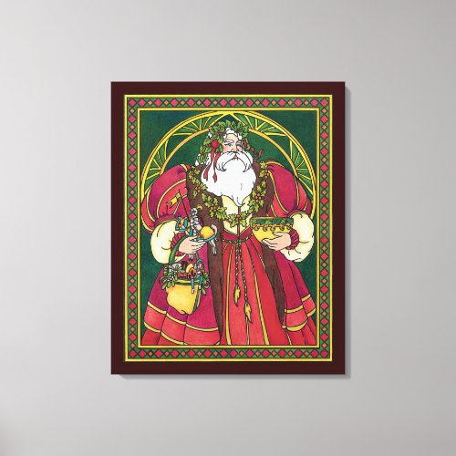 Vintage Christmas Santa Claus with Holly Leaves Canvas Print