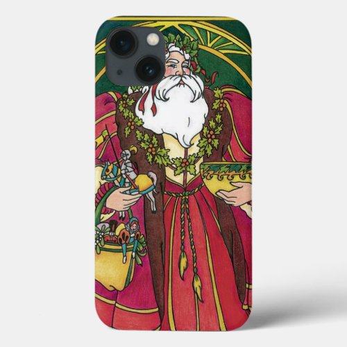 Vintage Christmas Santa Claus with Holly Leaves iPhone 13 Case
