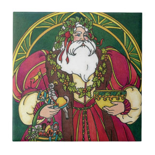 Vintage Christmas, Santa Claus with Holly Leaves Ceramic Tile