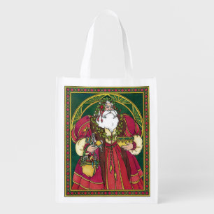 Vintage Christmas, Santa Claus with Holly Leaves Grocery Bag