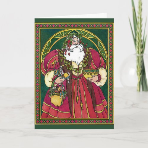Vintage Christmas Santa Claus with Holly Leaves Holiday Card