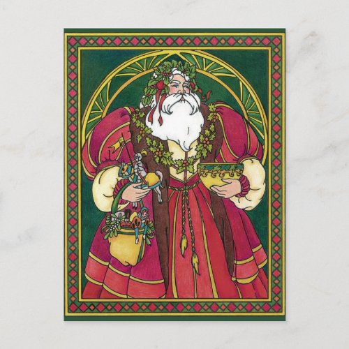 Vintage Christmas Santa Claus with Holly Leaves Holiday Postcard