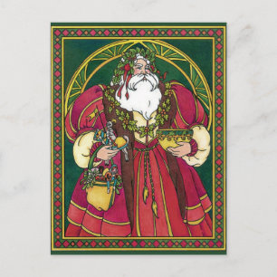 Vintage Christmas, Santa Claus with Holly Leaves Holiday Postcard