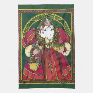 Vintage Christmas, Santa Claus with Holly Leaves Kitchen Towel