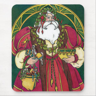 Vintage Christmas, Santa Claus with Holly Leaves Mouse Pad