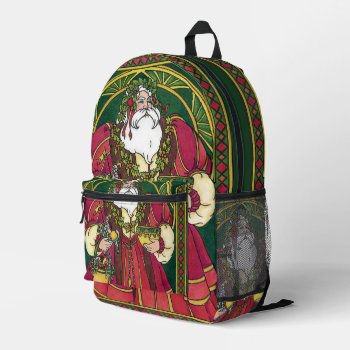 Vintage Christmas  Santa Claus With Holly Leaves Printed Backpack by ChristmasCafe at Zazzle