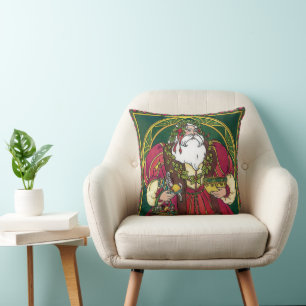 Vintage Christmas, Santa Claus with Holly Leaves Throw Pillow