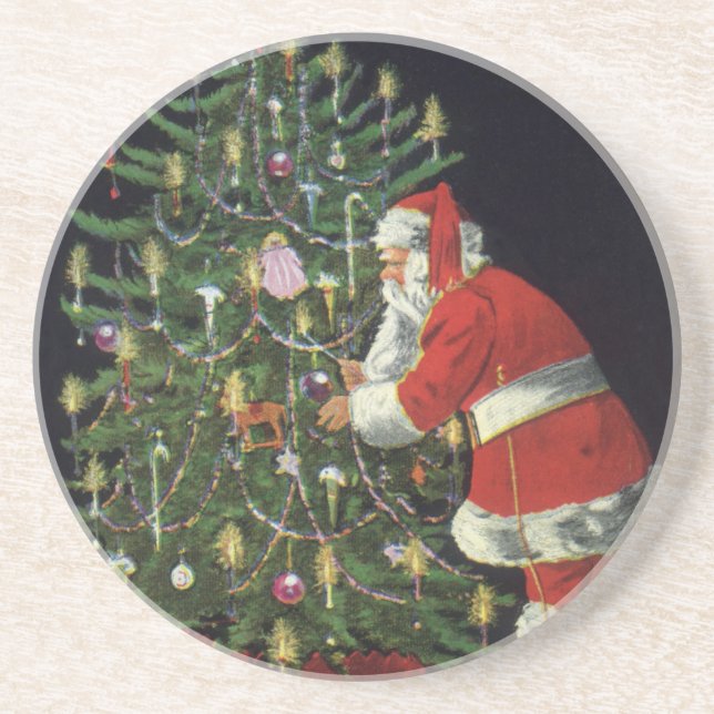 Vintage Christmas, Santa Claus with Presents Sandstone Coaster (Front)