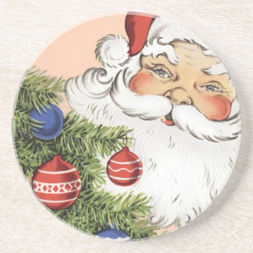 Vintage Christmas Santa Claus with Tree Ornaments Drink Coaster