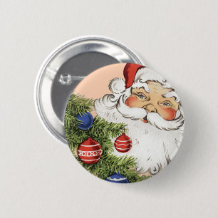 Vintage Christmas Santa Claus with Tree Ornaments Pinback Button