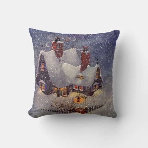 Vintage Christmas Santa Claus Workshop North Pole Throw Pillow