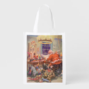 Vintage Christmas, Santa Claus Workshop with Elves Grocery Bag