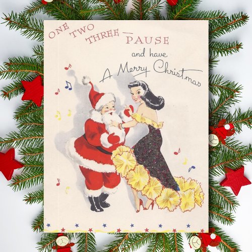 Vintage Christmas Santa Dancing With Girl Holiday Card