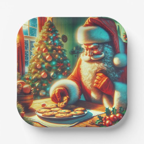 Vintage Christmas Santa Eating Cookies Paper Plates