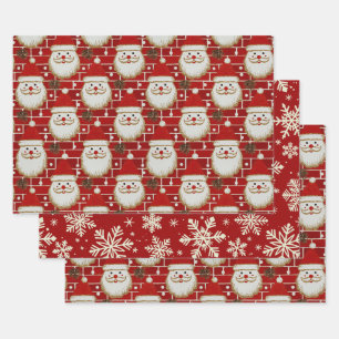 Vintage Christmas Santa Faces On Brick Wrapping Paper Sheets