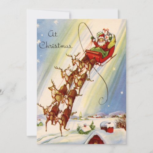 Vintage Christmas Santa Flying Reindeer Holiday Ca