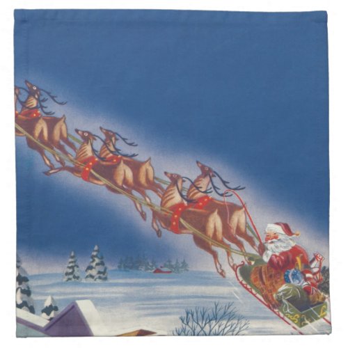 Vintage Christmas Santa Flying Sleigh w Reindeer Cloth Napkin