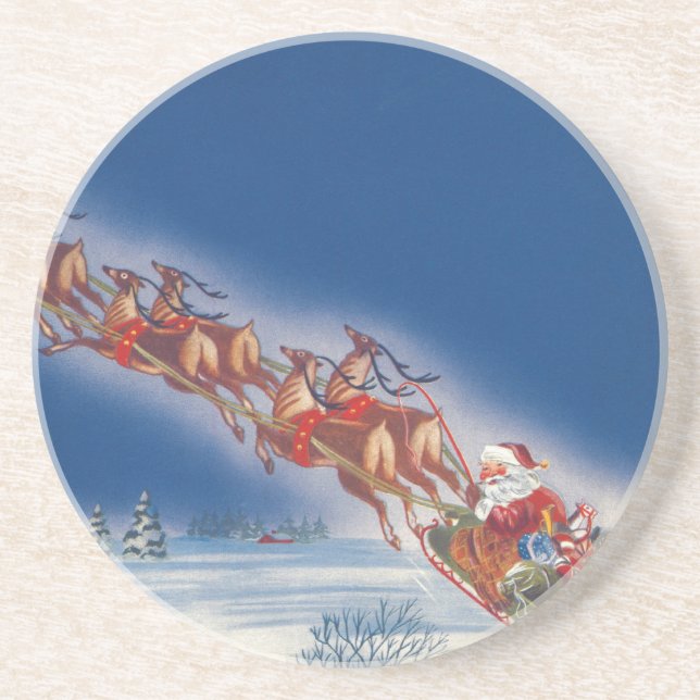 Vintage Christmas, Santa Flying Sleigh w Reindeer Coaster (Front)