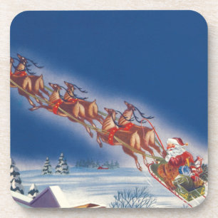 Vintage Christmas, Santa Flying Sleigh w Reindeer Coaster