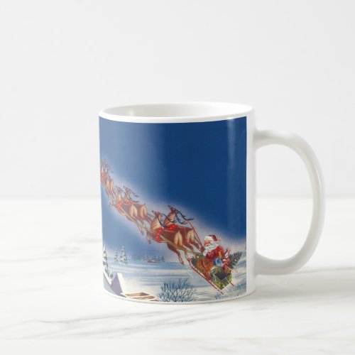 Vintage Christmas Santa Flying Sleigh w Reindeer Coffee Mug