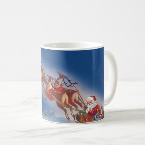Vintage Christmas Santa Flying Sleigh w Reindeer Coffee Mug