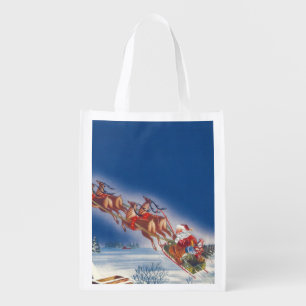 Vintage Christmas, Santa Flying Sleigh w Reindeer Grocery Bag