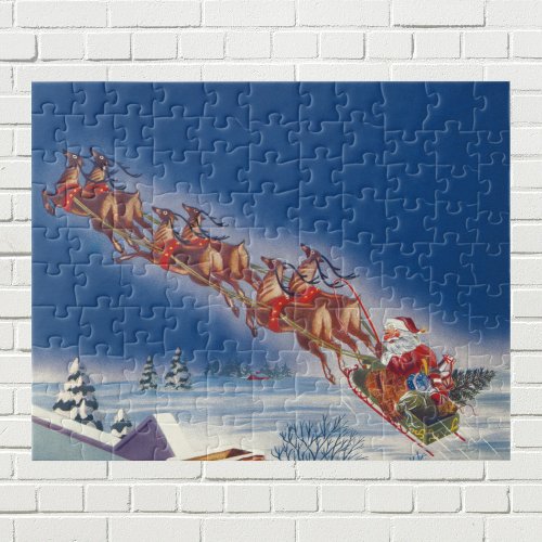 Vintage Christmas Santa Flying Sleigh w Reindeer Jigsaw Puzzle