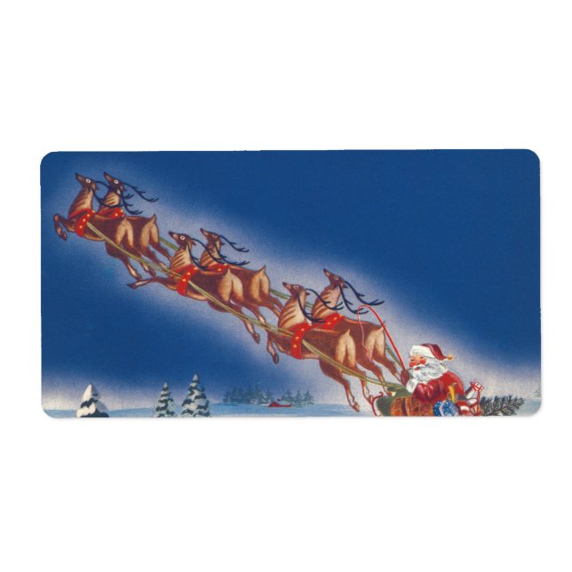 Vintage Christmas, Santa Flying Sleigh w Reindeer Label (Front)