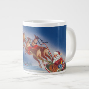 Vintage Christmas, Santa Flying Sleigh w Reindeer Large Coffee Mug