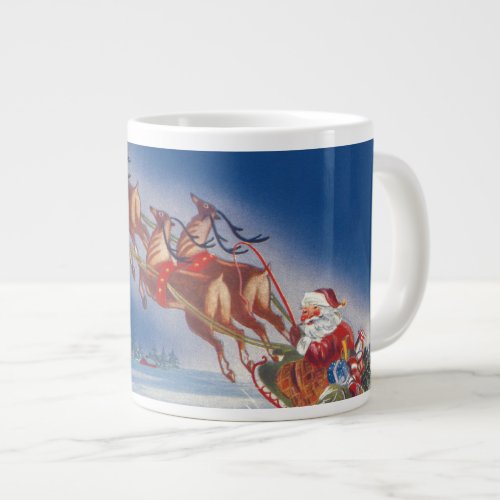 Vintage Christmas Santa Flying Sleigh w Reindeer Large Coffee Mug