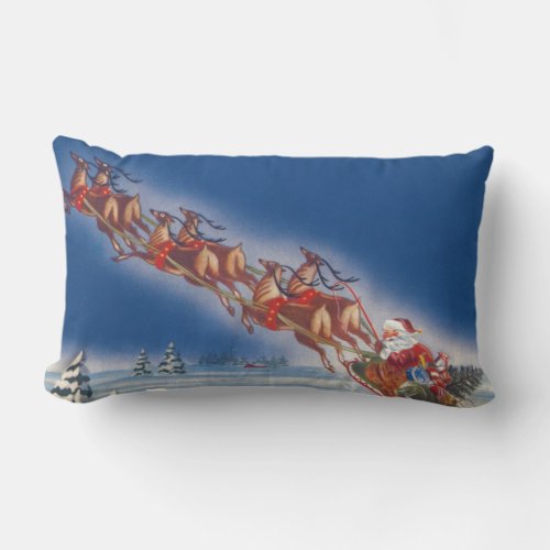 Vintage Christmas Santa Flying Sleigh w Reindeer Lumbar Pillow