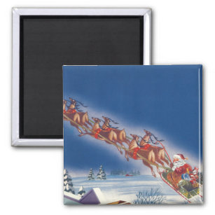 Vintage Christmas, Santa Flying Sleigh w Reindeer Magnet