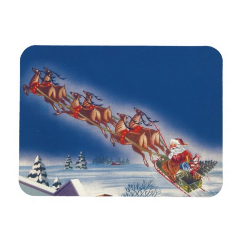Vintage Christmas Santa Flying Sleigh w Reindeer Magnet