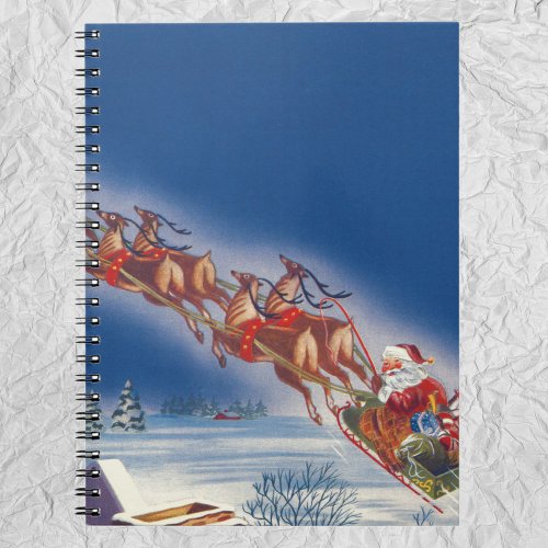 Vintage Christmas Santa Flying Sleigh w Reindeer Notebook
