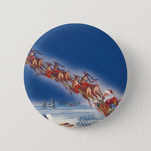 Vintage Christmas Santa Flying Sleigh w Reindeer Pinback Button