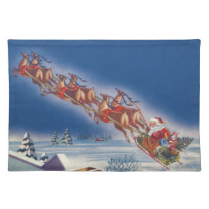 Vintage Christmas, Santa Flying Sleigh w Reindeer Placemat