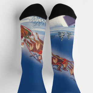 Vintage Christmas, Santa Flying Sleigh w Reindeer Socks