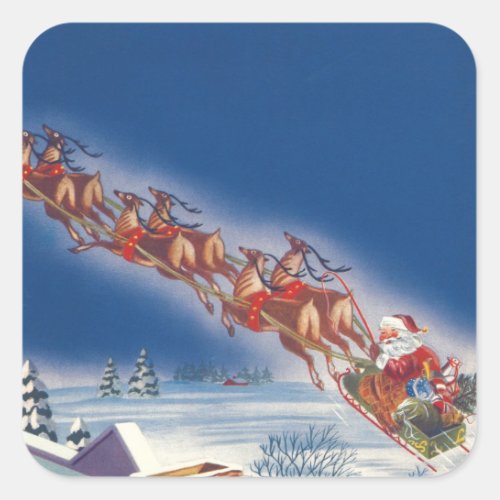 Vintage Christmas Santa Flying Sleigh w Reindeer Square Sticker