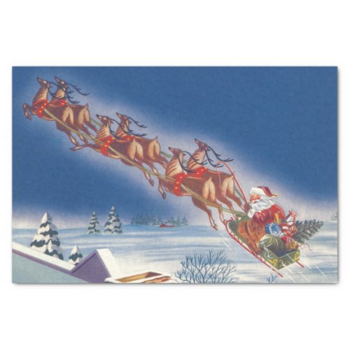 Vintage Christmas Santa Flying Sleigh w Reindeer Tissue Paper
