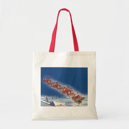Vintage Christmas Santa Flying Sleigh w Reindeer Tote Bag