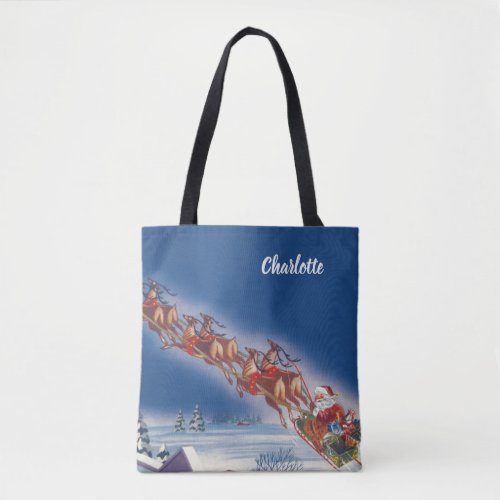 Vintage Christmas Santa Flying Sleigh w Reindeer Tote Bag