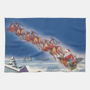 Vintage Christmas, Santa Flying Sleigh w Reindeer Towel